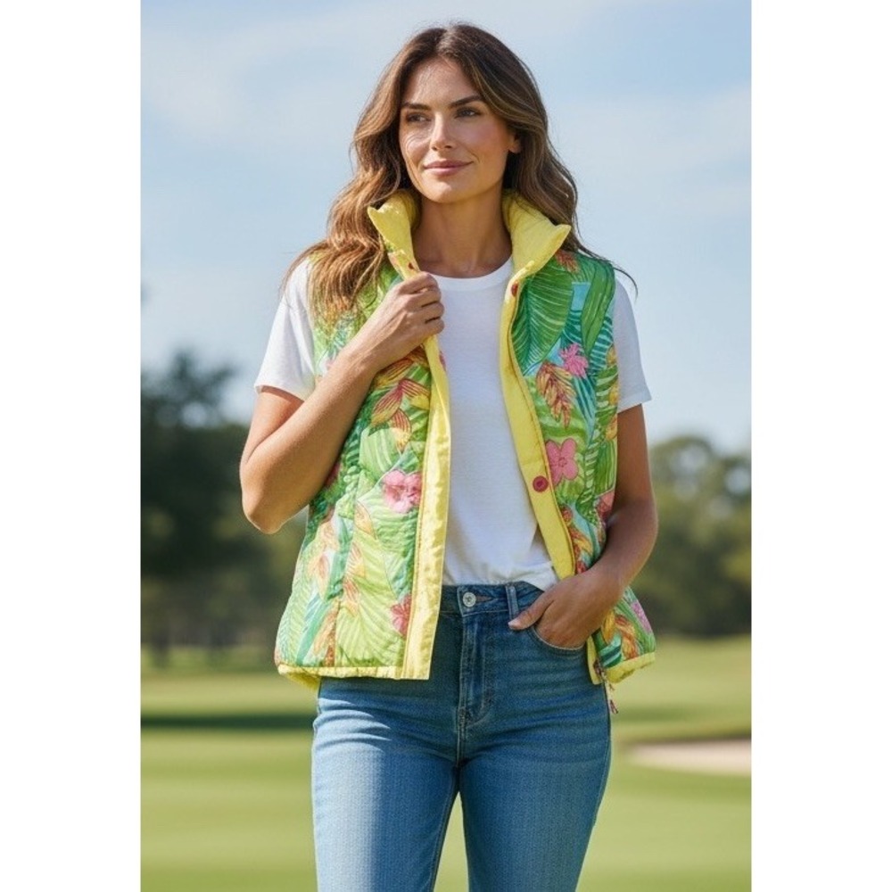 Lilly Pulitzer Reversible Duck/Feather Down Puffer Vest Yellow Floral Size XS